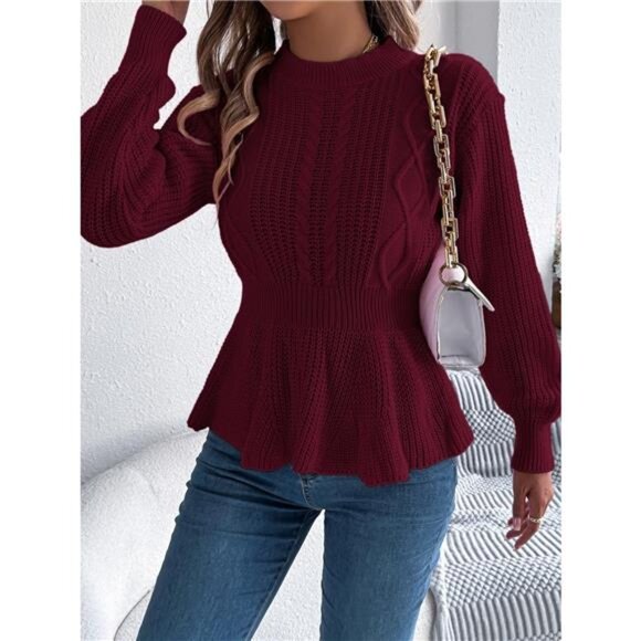 Cable Knit Round Neck Peplum Sweater - Picture 15 of 16